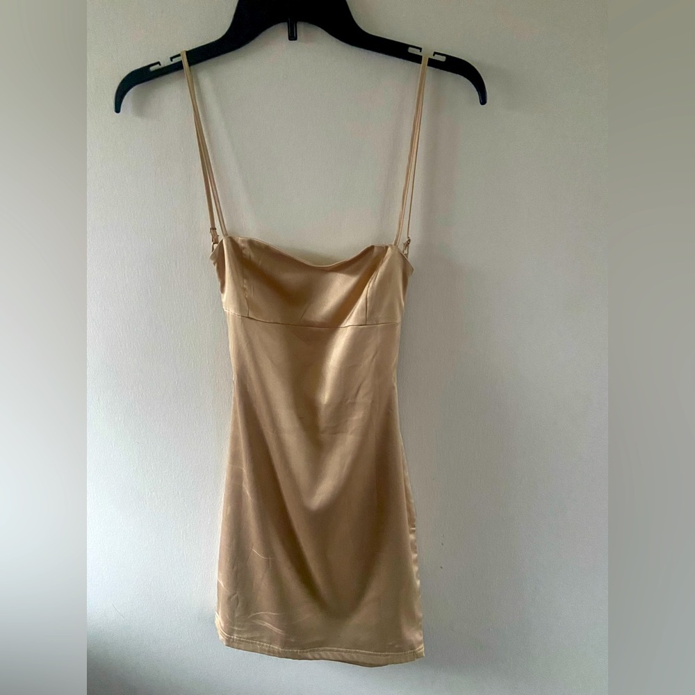 Oh Polly cutting shapes gold satin mini dress